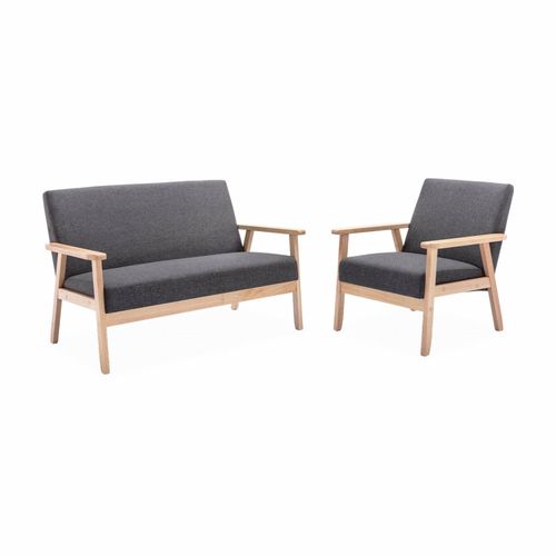 Banquette Et Fauteuil En Bois Et Tissu Gris Fonc. Isak. L 114 X L 69.5 X H 73cm