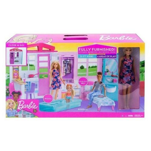 BARBIE MAISON A EMPORTER AVEC PISCINE 4 ESPACES DE JEUX POUP??E BLONDE MATTEL | Rakuten