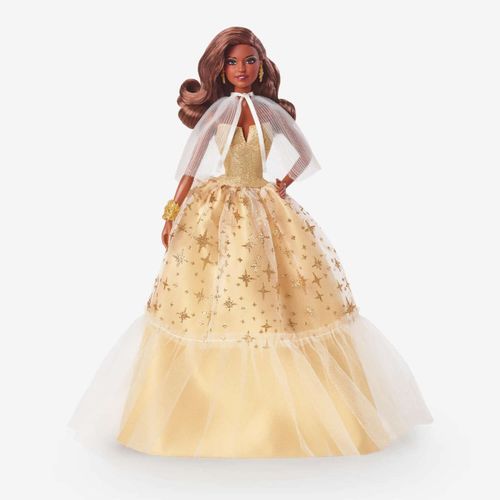 Barbie-Barbie Joyeux Nol 2023-Poupe Robe Dore Et Cheveux Bruns