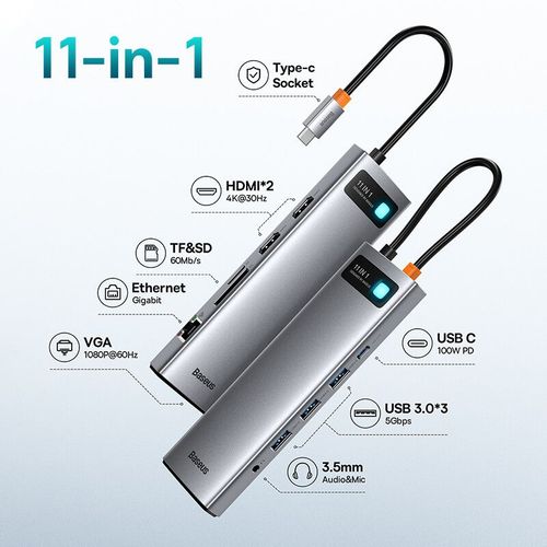 Baseus USB C HUB vers HDMI,adaptateur VGA USB 3.0 9/11 en 1,station d'accueil USB Type C pour MacBook Pro Air PD RJ45,lecteur de carte SD - Type 11-in-1 2HDMI Audio