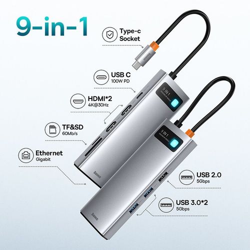 Baseus USB C HUB vers HDMI,adaptateur VGA USB 3.0 9/11 en 1,station d'accueil USB Type C pour MacBook Pro Air PD RJ45,lecteur de carte SD - Type 9-in-1 2HDMI 3USB