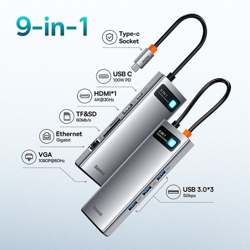 Baseus USB C HUB vers HDMI,adaptateur VGA USB 3.0 9/11 en 1,station d'accueil USB Type C pour MacBook Pro Air PD RJ45,lecteur de carte SD - Type 9-in-1 HDMI RJ45 VGA