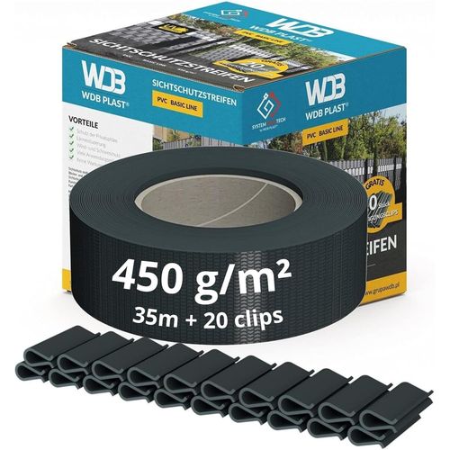 Basic Line - Bandes Brise-Vue En Pvc Pour Panneaux Double Fil - Brise-Vue Pour Clture De Jardin - Clture  Double Fil - 47,5 Mm  35 M + 20 Clips De Fixation - Rails De Serrage Anthracite