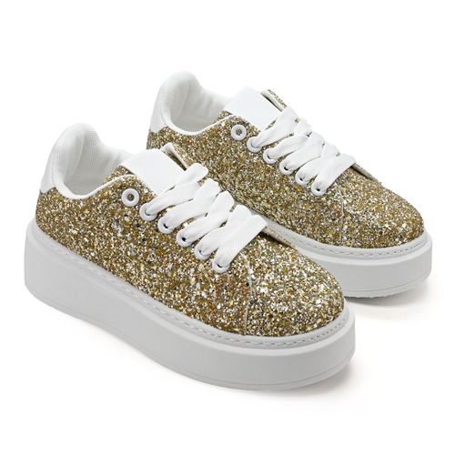 Baskets Femme  Talons Hauts, En Cuir cologique, Glitter, Ps096, Dor Clair 37 Eu