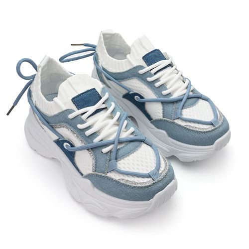 Baskets Femme, En Textile, Ps054, Blanc Avec Bleu 37 Eu
