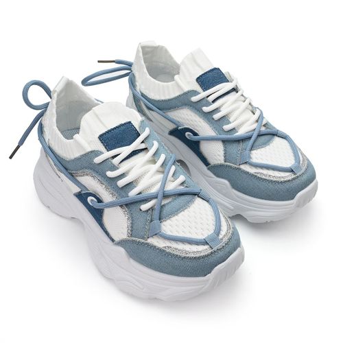 Baskets Femme, En Textile, Ps054, Blanc Avec Bleu 39 Eu