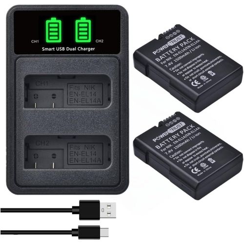 Batterie EN-EL14A EN-EL14 1500 mAh + double chargeur avec port USB et type C pour appareil photo Nikon D5600 D5300 D3300 D5200 D3200 D5100 D3500 D5500 P7800 P8000