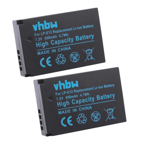 Batterie vhbw 2x compatible avec les appareils photo Canon EOS M10, M, M50, M200, 100D, Kiss X7, M50 Mark II, Rebel SL1, M2, 100, M100 (650 mAh, 7,2 V, Li-Ion)