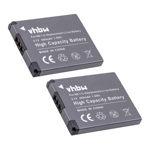 Batterie vhbw 2x compatible avec les appareils photo Canon PowerShot A2600, A2500, A2300, A2400, A2500 IS, A2300 IS, A2400 IS, A2200, A3200 (500 mAh, 3,7 V, Li-Ion)
