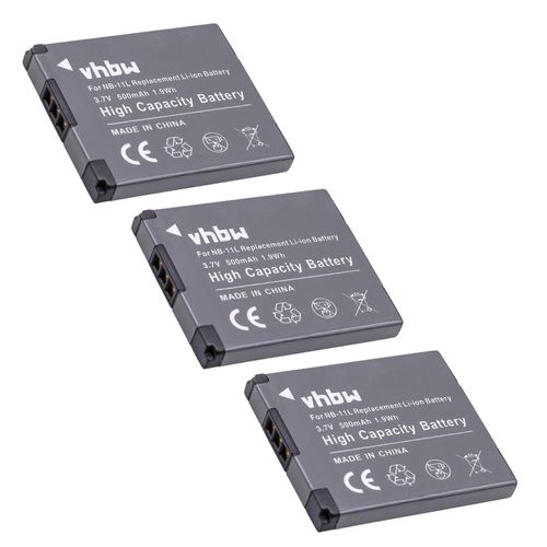 Batterie vhbw 3x compatible avec les appareils photo Canon PowerShot A2600, A2500, A2300, A2400, A2500 IS, A2300 IS, A2400 IS, A2200, A3200 (500 mAh, 3,7 V, Li-Ion)