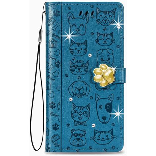 Beek Pochette Tlphone Samsung Galaxy S22 Ultra 5g Chat Et Chien Animaux Effet Paillette Coque tui  Rabat En Cuir Tpu Douce Avec Dragonne Et Bquille Fonction,Bleu Mk35054