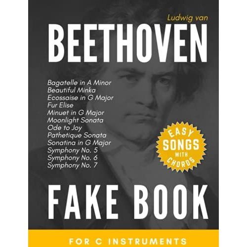 Beethoven Fake Book For C Instruments: Fur Elise, Moonlight & Pathetique Sonata, Symphony No. 5, 6, 7; Ode To Joy And More I Easy Piano Keyboard ... I Chords I A First Book Of Classical Music   de ludwig van beethoven  Format Broch 