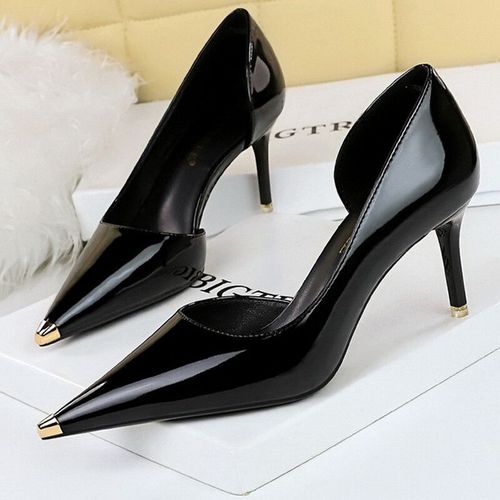 Bigtree-Chaussures  Talons Hauts En Cuir Verni Noir Pour Femme,Escarpins Pointus En Mtal,Chaussures De Soire Sexy,Stiletchassis,7 Cm,10.5cm
