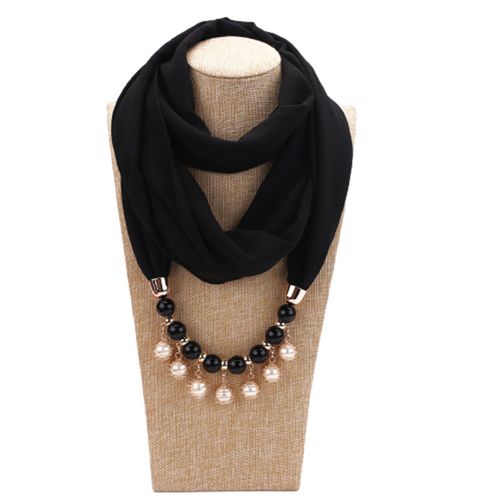 Bijoux  La Mode Pour Femmes, Pendentif En Fausse Perle, Collier En Mousseline De Soie, charpe De Couleur Unie-Noir