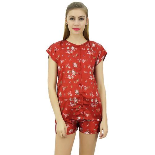 Bimba Femmes Floral Satin Rouge Pyjama Buttondown Shirt Shorts Nuit Robe - 36