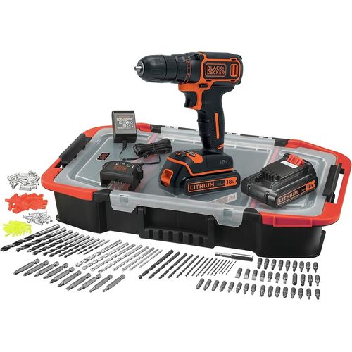 Black+Decker Perceuse Visseuse Sans Fil 18 V Li-Ion Avec Chargeur Bdcdc18bast-Qw Avec 160 Accessoires, 2 Batteries 1,5 Ah, 1