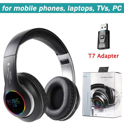 Black T7 Adapter Casque sans fil Bluetooth RVB, casque stro HIFI, casque antibruit de sport, prise en charge de la carte TF, ordinateur portable, PS4, PS5, TV, PC 