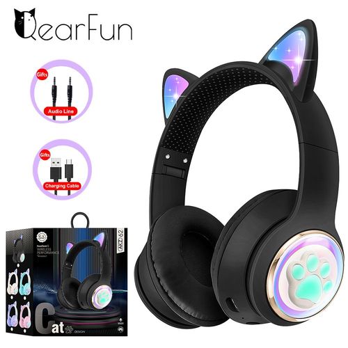 Black with box Casque sans fil d'oreille de chat RVB pour PC, capsule spatiale 3D mignonne, casque Bluetooth, casque de jeu pliable pour enfants,x pour filles 