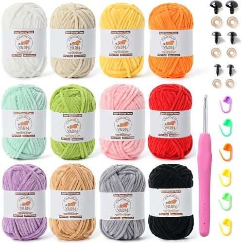 Blazeflux-12 Pelotes Velours Moelleux Crochet, Laine Chenille Epaisse Couverture Douce, 787 M Fils Amigurumi, Multicolore Set A