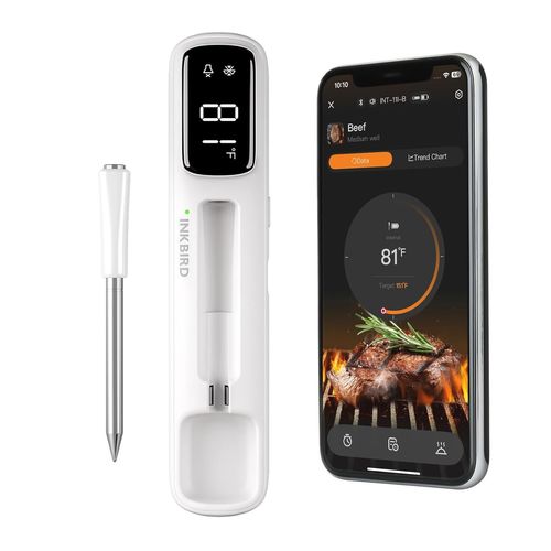 BLAZEFLUX-INKBIRD Thermometre Viande Mini Sans Fil Bluetooth 5.4 Portee 305m Stockage 60min IP67 Ecran LED Blanc Ideal BBQ Grill