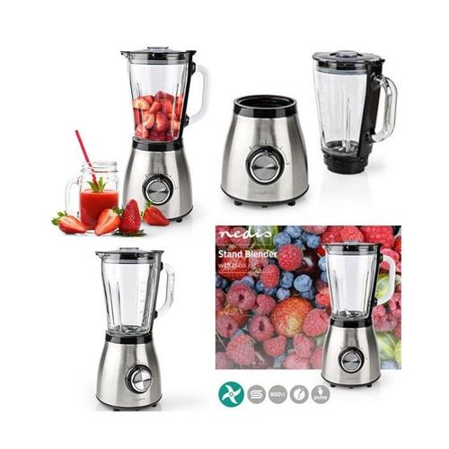 Blender INOX 800W 1,5L 2 Vitesses + Impulsions en acier Inoxydable Bol en Verre transparent gradu