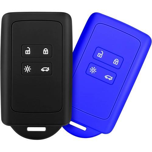 Bleu 2pcs Accessoire Cl De Voiture Compatible Avec Renault Smart Key 4-Bouton, Coque En Silicone Souple Avec Embout Porte-Cl - Pour Clio/Espace 5 / Master Bus/Talisman/Megane Usw (Noir+Bleu)