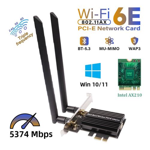 Bleu - Carte rseau sans fil Intel AX210NGW, 6E, Pcie, Bluetooth 5.3, 802.11ax, Tri bande, 2.4Ghz/5Ghz/6Ghz, adaptateur pour PC E
