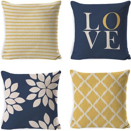 Bleu + Jaune, Housse De Coussin, Set De 4 - 45x45 Cm (Sans Taie D'oreiller) Housse De Coussin En Lin Housse De Coussin Dcorative Pour Canap, Bureau, Chambre, Chaise, Jardin