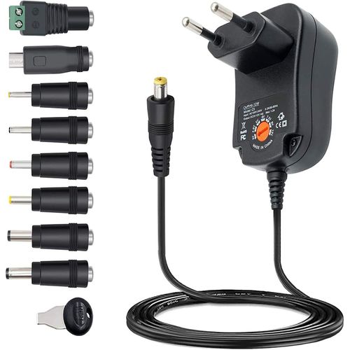 Bloc d'alimentation Universel 3V 4,5V 5V 6V 7,5V 9V 12V 1A Chargeur Adaptateur Multitension avec 8 Prises pour TV Box Lampe Ordinateur Portable Appareil Audio Affichage LED Route Haut-Parleur Camra