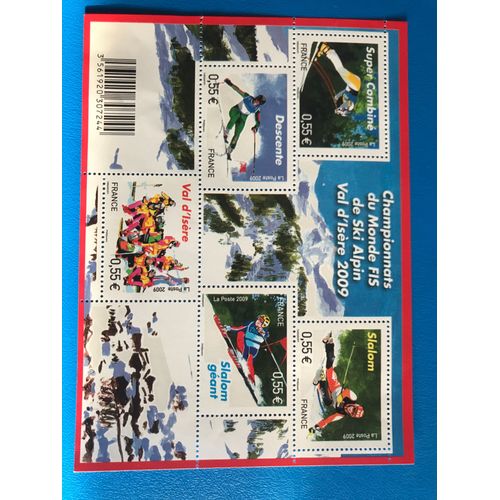 Bloc Feuillet 4329, 5 Timbres - Championnats Du Monde F I S De Ski Alpin Val D Isre 2009 - Super Combin, Slalom, Gant, Descente- Gomme Intacte