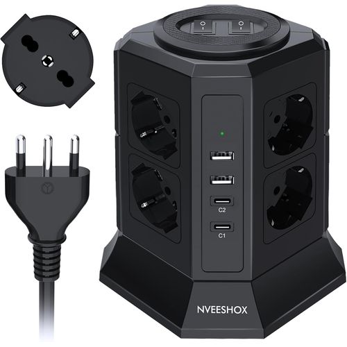 Bloc Multiprise Avec 8 Prises Universelles Schuko (4000 W 10/16 A) Et 2 Usb-C (20 W Pd3.0) Et 2 Usb-A, It Multiprise Verticale Avec Interrupteur Avec Interrupteur, Cble 2 M (Noir)
