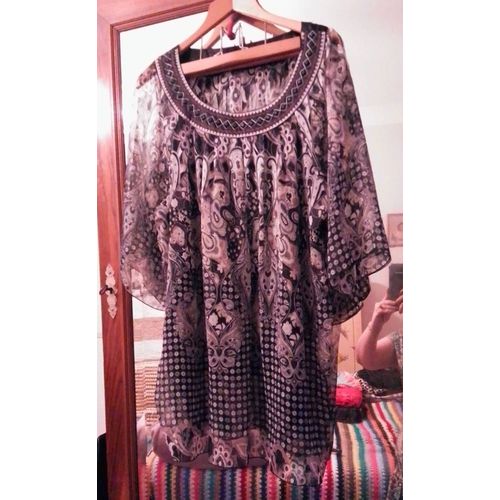 Blouse Noire Motifs Blancs Col Rond Perles Cousues 44 Xxl D.P.L. Fashion.
