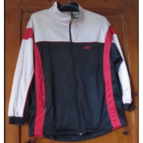 Blouson  Fermeture clair-Marine,Empicement Blanc Et Bandes Rouges-100% Polyester-Aspect Brillant-Marque Puma-Taille 14ans-2 Poches Latrales Zippes-Cordon De Serrage Dos-Poignets lastiqus