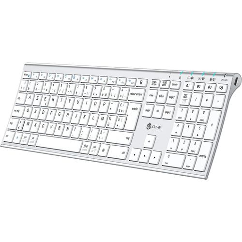 Bluetooth Clavier sans Fil, Rechargeable USB-C, Multi-dispositifs avec 3 Canal Bluetooth5.1, Compatible avec PC/Mac/Portable Windows/iOS/Android, Clavier AZERTY Franais, Argent