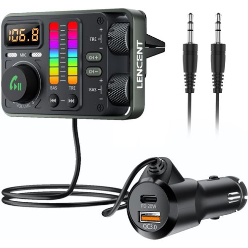 Bluetooth Voiture 5,3 Transmetteur FM,Hi-FI Treble & Bass Lecteur,PD20W QC18W Chargeur Rapide,Radio Voiture Adaptateur avec 2 micros pour appels Mains Libres,Siri&Google,U Disk 3,5mm AUX