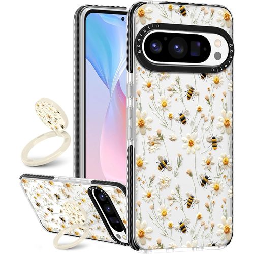 Bmtterqgwo-Boaretiu Etui Mignon Kawaii Google Pixel 9pro Xl Support Design Anneau Rotatif 360 Collant Femmes Filles Style Fleur