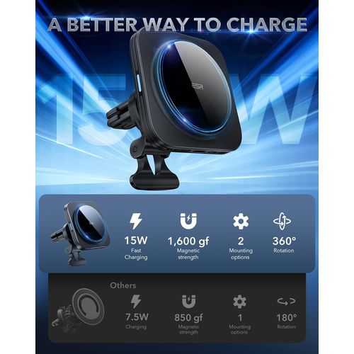 BMTTERQGWO-Support voiture ESR MagSafe chargeur sans fil 15W compatible iPhone 16 15 14 13 12 Galaxy S25 charge rapide
