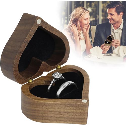 Bote  Bagues Double En Forme De C?Ur En Bois De Noyer  Souvenir Romantique Et Respectueux De L'environnement Avec Intrieur En Velours Noir Pour Demande En Mariage, Fianailles Et Alliances