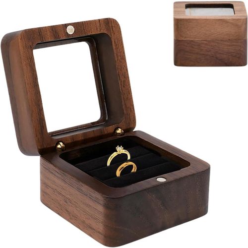 Bote  Bagues En Bois Carre,crin  Bague Avec Fentre Transparente Et 2 Fentes Velours Noir,Bote  Bagues En Bois De Noyer Bote  Bijoux Pour Propositionmariage Fianailles