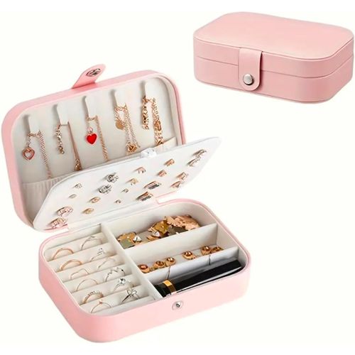 Bote  Bijoux Organisateur Avec Compartiments Pour Rangement Boucles D'oreille Colliers Chanes Bracelets Simili Cuir Rose Taille 16cm X 11,5cm