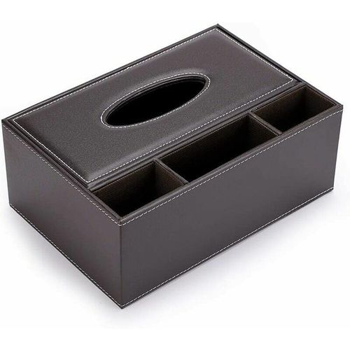 Bote  Mouchoir En Pu Cuir Rectangulaire Distributeur Avec 3 Compartiments Organisateur De Bureau Pour Tlcommande (Brun)