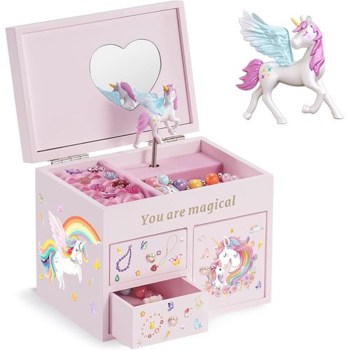 Bote Bijoux Enfant Licorne,Boite  Bijouxmusicale Filles,Botemusique Bois,Pour Ranger Colliers Bracelets Baguesmontres-Rose