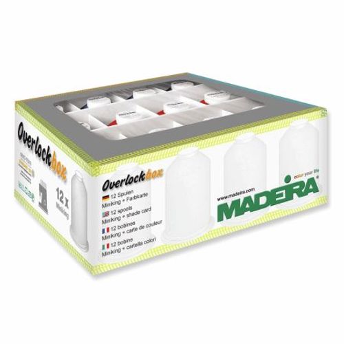Bote De Fils Madeira - 9 Bobines D'aeroflock 125 Et 3 Bobines D'aeroflock 100 - Bleu, Rose Clair Et Fuschia - Certifi Oeko-Tex Blanc