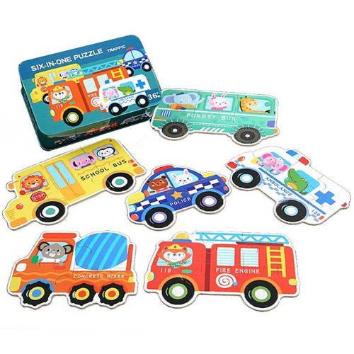 Bote de Puzzle en bois dessin anim, Puzzle de coupe 3D, 5 thmes Tangram pour les tout-petits, planche ducative prscolaire occupe 6 pices