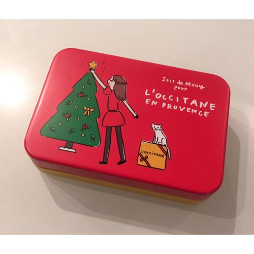 Boîte métal rouge et jaune sapin et chat - Collector L'occitane Noël
