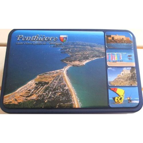 Boite Mtallique Ancienne La Trinitaine-Fond Bleu Dcor Penthivre Saint-Pierre Quiberon Bretagne-19.5x13x7cm-Vendue Vide