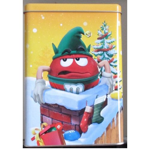 Boite Mtallique Avec Couvercle-12x8x18cm-Dcor De Nol Sur Fond Jaune-M & M's En Lutin Essayant De Descendre Par Une Chemine-Vendue Vide