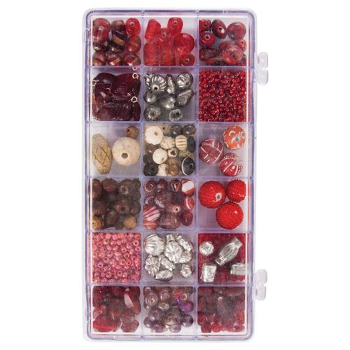 Bote Perles En Verre, Rubis, Mlange Couleurs+Tailles, Boite 240g