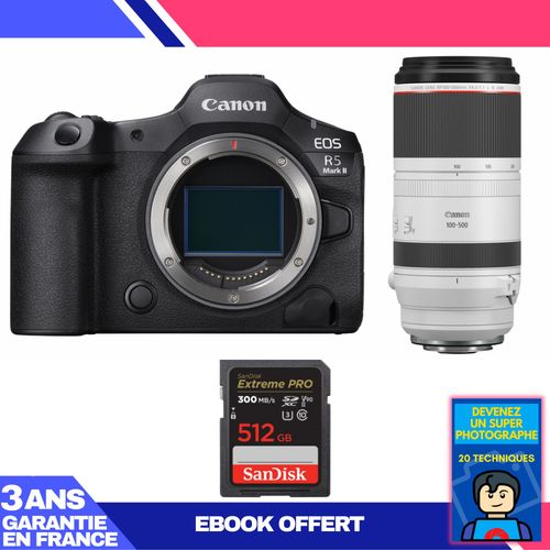 Boitier Canon EOS R5 Mark II + RF 100-500mm f/4.5-7.1 L IS USM + 1 SanDisk 512GB Extreme PRO UHS-II SDXC 300 MB/s + Ebook 'Devenez Un Super Photographe'