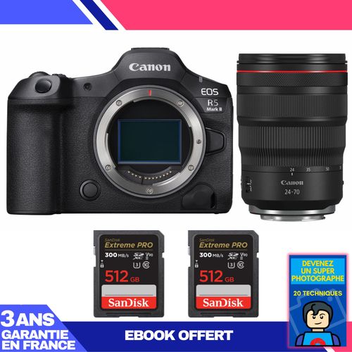 Boitier Canon EOS R5 Mark II + RF 24-70mm f/2.8 L IS USM + 2 SanDisk 512GB Extreme PRO UHS-II SDXC 300 MB/s + Ebook 'Devenez Un Super Photographe'